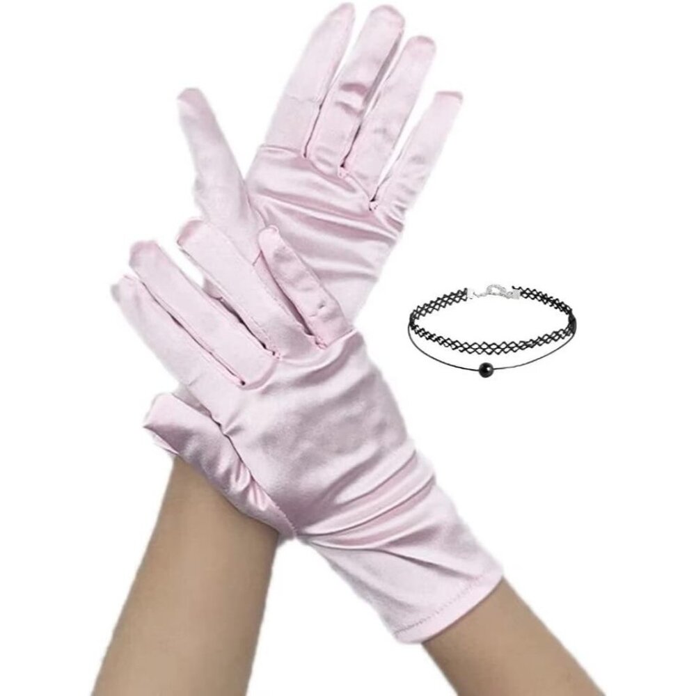 Women's Pink Evening Short Satin Lace Gloves Choker Necklace Wedding Party Prom